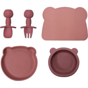 JU&MP Kinderserviesset Beer - Baby - Kinderbordje met Zuignap - Kommetje - Kinderbestek - Placemat - Kraamcadeau - Roze