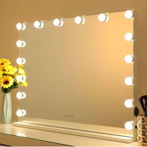 Grote Hollywood Make-up Spiegel met Verlichting voor Kaptafel - 16 Dimbare Lampen - 3 Lichtstanden - Geheugenfunctie - 70 * 55 cm - Wit