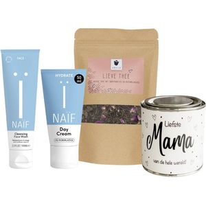 Naif Cadeauset Skin Care & Thee Mama - Naif Hydrate Dagcreme 50ml Nurturing - Naif Face Wash 100ml Reinigend - ARELO Lieve Thee zakje - Snoepjeblikje liefste Mama van de hele wereld!