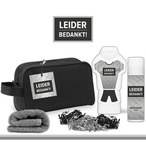 Geschenkset ""Leider bedankt!"" - 4 producten - 500 gram | Toilettas - Cadeau - Man - Toernooi - Voetbal - Volleybal - Hockey - Handbal - Basketbal - Korfbal - Trefbal - Waterpolo - Rugby - Sport - Wedstrijd - Team Leider - Trainer - Coach - Grijs