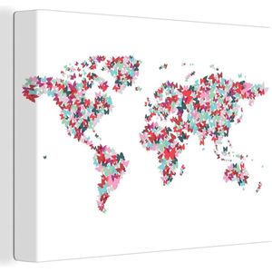 Canvas Wereldkaart - 80x60 - Wanddecoratie Wereldkaart - Vlinders - Kleuren