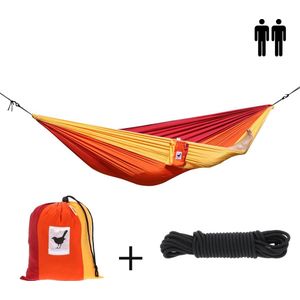 MoreThanHip - XXL (Reis)hangmat Sunset - 2 Persoons - Incl. set touwen - rood/oranje/geel - 180 kg draagkracht - lichtgewicht - compact