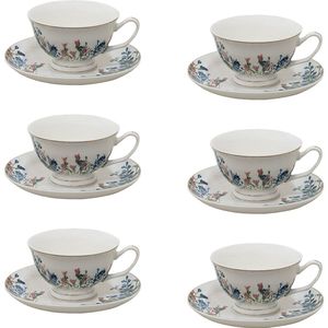 HAES DECO - Kop en Schotel set van 6 - inhoud 250 ml - kleuren Wit / blauw - Bedrukt Porselein met Bloemen - Theeservies, Koffieservies, Theekoppen, Koffiekoppen, Cappuccino