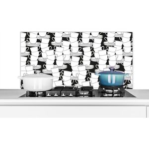 Spatscherm keuken 100x50 cm - Kookplaat achterwand Patronen - Zwart wit - Kopjes - Thee - Muurbeschermer - Spatwand fornuis - Hoogwaardig aluminium