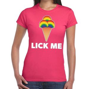 Gay pride lick me t-shirt roze met tekst en regenboog ijsbolletjes voor dames - lgbt kleding XS
