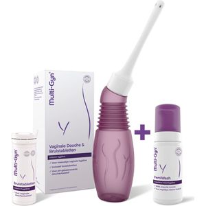 Multi-Gyn Vaginale Douche & 10 Bruistabletten + FemiWash Mousse 100 ml - Bundel combinatie voor Vaginale verzorging voor dagelijkse Intieme Hygiene, mild en zeepvrij, geschikt voor gevoelige huid en tegen afscheiding, jeuk en irritatie