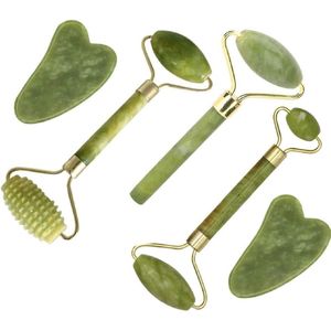 Groene Jade Roller & Gua Sha steen - 5 stuks - Gezichtsroller & Gua Sha Set - Natuurlijke Jade Roller - Gezichtsroller - Jade Roller- Gezichtsmassage - voor Lymfedrainage, Anti-Aging, Rimpelvermindering, Anti-Wallen & Stralende Huid