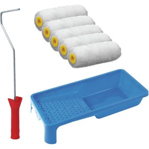 Sorex pluisvrije verfrollers schilderen set - met beugel en verfbak - 5x vacht rollers - breedte 10 cm - dikte 4 cm