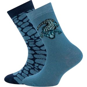 Kindersokken Ewers - 2-Pack - Grijsblauw Krokodil & Donkerblauw Schubben/Vlekken - Elastisch-23/26