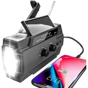 Noodradio Solar Opwindbaar en Batterij - Opwindbare Radio - Draagbare Noodradio - DAB Solar - Dynamo Radio - Noodpakket - Survival Radio - Bouwradio - Noodrantsoen - Powerbank Zonne-energie & Oplaadbare Zaklamp - 4000 mAh - Zwart