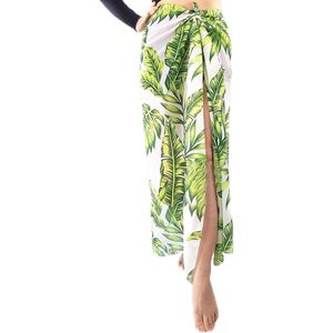 Lange chiffon strandwrap met bladprint voor dames - Bikini sarong wikkelrok - Zomer zwemrok voor reizen, strand en zwembad - Wit en groen