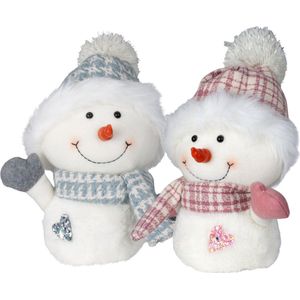 Pluche sneeuwpop knuffels - set 2x st - roze en blauw - 27 cm - knuffeltjes