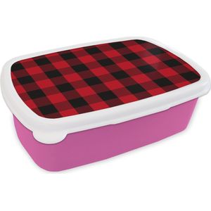 Broodtrommel Roze - Lunchbox - Brooddoos - Plaid - Patroon - Rood - Zwart - 18x12x6 cm - Kinderen - Meisje