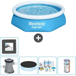 Bestway Rond Opblaasbaar Fast Set Zwembad - 244 x 61 cm - Blauw - Inclusief Pomp Afdekzeil - Onderhoudspakket - Filter - Vloertegels