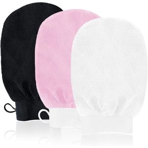 Scrubhandschoenen - Exfoliërende handschoenen - 3 stuks dubbelzijdige diep exfoliërende badhandschoenen - Herbruikbaar - Geschikt voor douche - spa - massage (zwart + wit + roze)