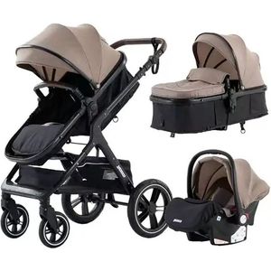 Luxe Kinderwagen 3 in 1 - Wandelwagen Baby - Kinderwagen Inclusief Autostoeltje - Buggy met Wieg - Wandelwagen - Khaki met Zwart