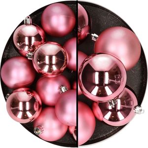 Kerstballen - kunststof - 18x stuks - roze - 6 en 8 cm