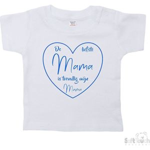 Soft Touch T-shirt Shirtje Korte mouw ""De liefste mama is toevallig mijn mama"" Unisex Katoen Wit/blauw Maat 62/68