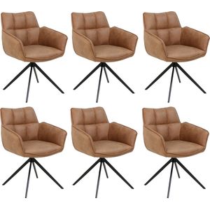 Colenis® - Leon Eetkamerstoel - Cognac - Microfiber Stof - Set Van 6 - Industrieel Design - Comfortabel - Metalen Poten