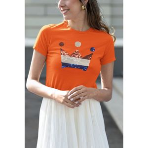 Dames Slim fit T-shirt Nederlandse vlag Kroontje met magic sequence | koningsdag kleding| Holland | EK-WK-Olympische Spelen | Oranje | maat S