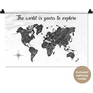 Wandkleed WereldkaartenKerst illustraties - Zwarte wereldkaart met strepen en de quote The world is yours to explore Wandkleed katoen 60x40 cm - Wandtapijt met foto