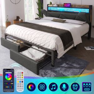Polsterbett mit USB Typ C Ladefunktion Stauraum-Kopfteil und LED-Beleuchtung und Schubladen, Doppelbett 140x 200 Stauraumbetten Bettgestell mit Lattenrost aus Metallrahmen, Grau(Ohne Matratze)