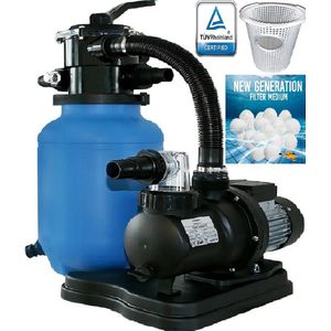 Sunmax Filter systeem zandfilterpomp 7500 l/uur zwembad pomp met filter mandje + Filterbollen (extra filtratie) en VIDEOHandleiding | voor Zand Glas Filterbollen. Zwembadpomp elk zwembad | 32mm en 38mm slangen