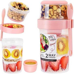 Snaplunch | Yoghurt beker met muesli houder to go Roze - Salade Shaker - Fruit Container - met Spork en Dressingcup - 310ml+610ml - Roze