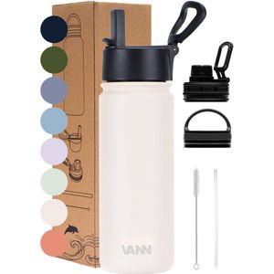 VANN® 3-Wandige RVS Waterfles 500 ML met rietje voor volwassenen – Met 5 accessoires – bidon – 24 uur koud/12 uur warm – Pastel – VANN ULTIMATE BOTTLE®