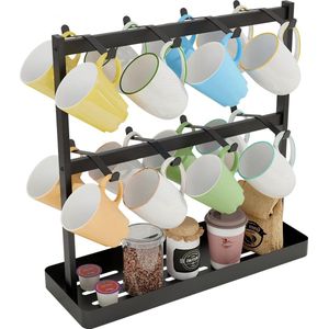 Koffiemok houder standaard met opbergbasis - 16 kopjes haken - aanrecht mok boomhouder rek - 2 niveaus toonkopjes opslag organizer - keuken thee koffiebar - zwart metaal