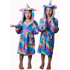 Unicorn kinderbadjas – Badjas kind unicorn – Kinderbadjas regenboog kleuren – Meisjes badjas met  oortjes – Kinderbadjas meiden – Kinderbadjas meisjes – Fleece kinderbadjas vrolijke kleuren – Kinderbadjas capuchon – XL (152-158)