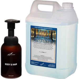 Zeepdispenser 300 ml amber bruin hervulbaar + 5 liter Body & Hair Hammam Herbal navulling