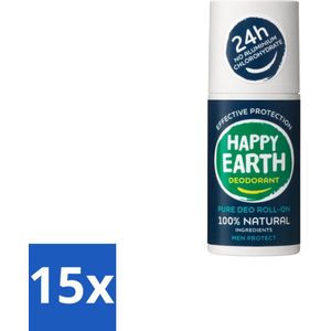 Happy Earth – Deodorant Roll-On – 100% Natuurlijk Men Protect – 75 ml - Bulkverpakking - 15 stuks