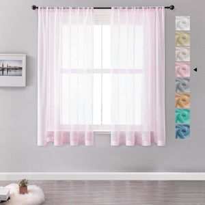 gordijnen met gordijn voile semi-transparant kort linnenlook gordijn sjaals roze 145 x 140 cm (H x B) voor woonkamer, slaapkamer, kinderkamer, set van 2