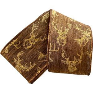 Kerst Lint met IJzerdraad | Satijn Lint | Luxe Weefband 63mm (6,3cm) | Rendier Hert Design Bruin Goud Glans | Stoffen Lint | Decoratielint | Cadeaulint | Lengte: 3 Meter
