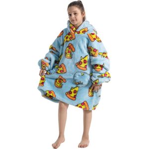 Pizza fleece hoodie deken met mouwen kind – fleece poncho kind – plaid met mouwen - Draagbare deken - maat 128/152 – lengte 75 cm - chillen – Warm & zacht – relax outfit kids – lichtblauw - Badrock