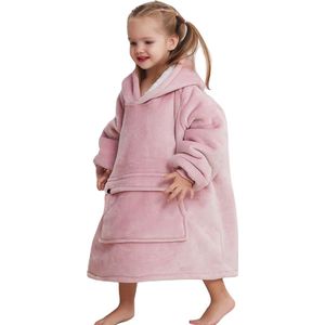 Fleece kinder poncho - plaid met mouwen en capuchon voor kinderen - oversized hoodie kind - hoodie plaid voor kinderen - fleece deken met mouwen – hoodie blanket - TV deken – zacht & warm - maat 116 t/m 134 - lotus pink