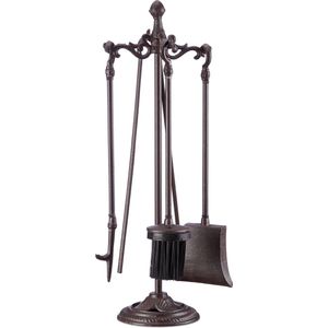 Relaxdays haardset - 5-delig - bruin - pook - schep - bezem - tang - haardstel