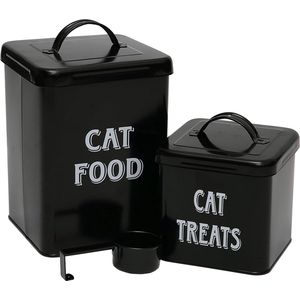 Voedselcontainer voor huisdieren, 2-delige set, koolstofstaal met afgedicht deksel en lepel, geschikt voor het bewaren van hondenvoer, kattenvoer en ander huisdiervoer, kattenvoer, zwart