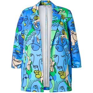 Angel of Style - Dames - Blazer gezichtprint open model 3/4-mouw - Licht turkoois - Maat 44