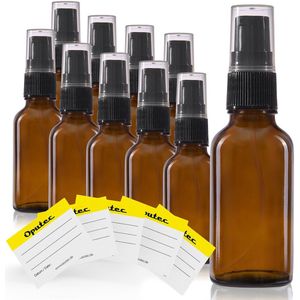 Oputec 10 x 30ml pompflessen – bruine glazen crèmespender & lotionspender – navulbaar & herbruikbaar – met etiketten – dicht & reisvriendelijk