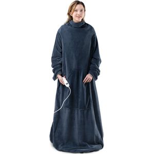 Navaris XXL warmtedeken met mouwen - Wasbare elektrische deken met 9 standen en timer - 195x125cm - Donkerblauw/crème