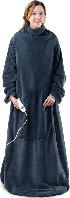 Navaris XXL warmtedeken met mouwen - Wasbare elektrische deken met 9 standen en timer - 195x125cm - Donkerblauw/crème