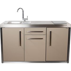 Minikeuken BeNeLux Stengel MO150 S voorgemonteerde metalen outdoor keuken met koelkast - inductie kookplaaat - water en electriciteits aansluiting inclusief alle toebehoren Zand kleur - matt