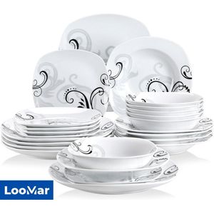 LooMar Luxe Bordenset - Kommen set - Borden - Dinerborden - set van 24 - 6 persoons - Serviesset - Wit met Print
