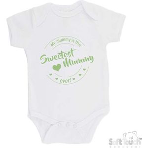 100% katoenen Romper ""My mummy is the sweetest mummy ever!"" Moederdag Unisex Katoen Wit/sage green (saliegroen) Maat 56/62