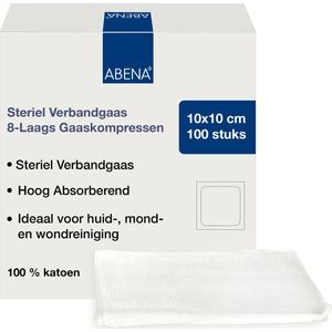 Abena Gaaskompres - 100 Stuks - Steriel Verbandgaas - 8-Laags Gaaskompressen - 100% Katoen - 10 cm x 10 cm