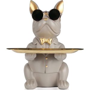 TheLau ® Decoratieve Grijze Bulldog Sculptuur Sleutelhanger met Multifunctioneel Dienblad voor Elke Ruimte