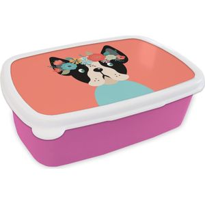 Broodtrommel Roze - Lunchbox - Brooddoos - Hond - Bloemen - Kroon - 18x12x6 cm - Kinderen - Meisje