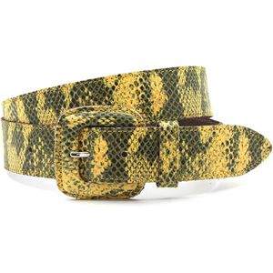 A-Zone Dames riem geel/zwart met slangenprint - dames riem - 4 cm breed - Geel / Zwart - Echt Leer - Taille: 95cm - Totale lengte riem: 110cm